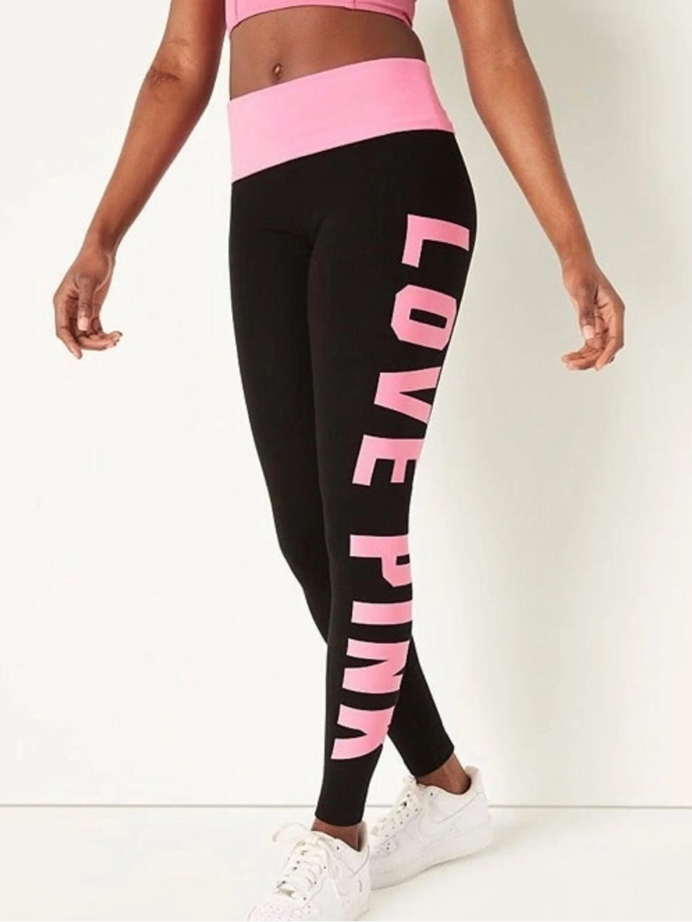 PINK Victoria's Secret Black Leggings with Pink Waistband & Side Logo - Large